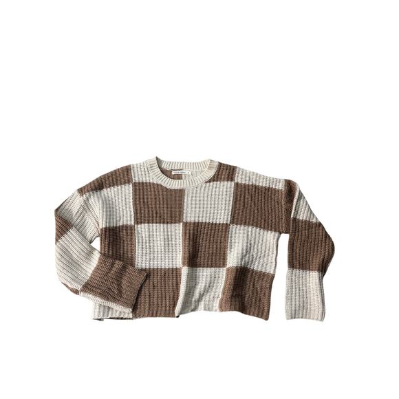 Moon and Madison Tan and Brown Knit Checkered Mid Crop Sweater - Size M - Picture 1 of 2